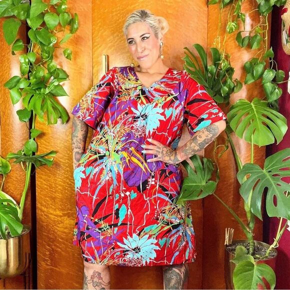 SEARS ROEBUCK 60’s 60s Vintage 70s DEADSTOCK Polished Cotton Hawaiian Dress L XL - Picture 8 of 9